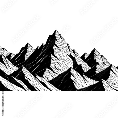 Mountain range landscape peak summit hill alps scenery nature black and white rocky mountains drawing art