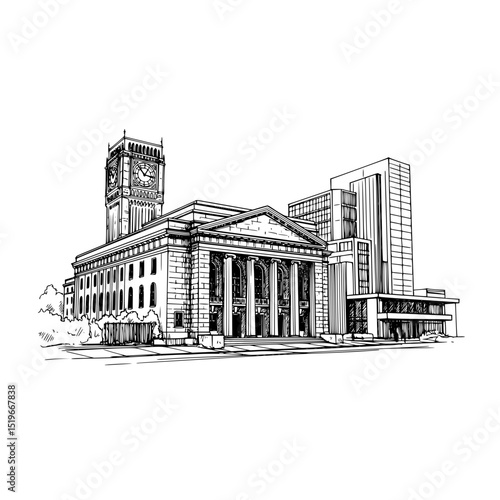 Architectural building landmark sketch of city hall with clock tower and modern buildings drawing design