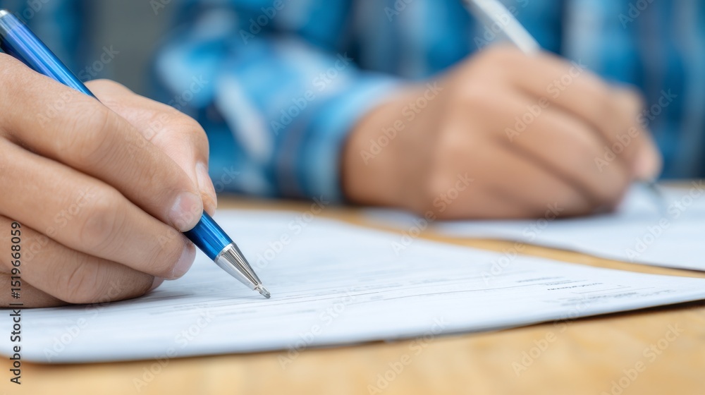 Customers completing credit forms in showroom, engaged in paperwork process Customers completing credit forms in showroom, engaged in paperwork process