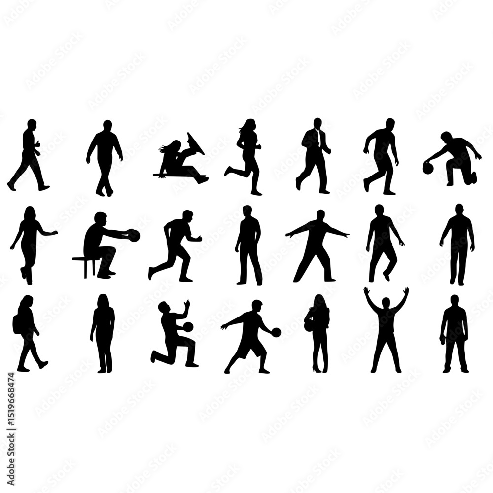 Silhouette people walking running sitting standing vector illustration crowd group activity human figures 100 Silhouette people walking running sitting standing vector illustration crowd group activity human figures 100