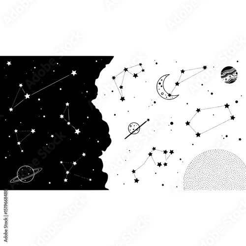 Celestial constellations and planets in space night sky astronomy astrology star gazing cosmic design vector art 100