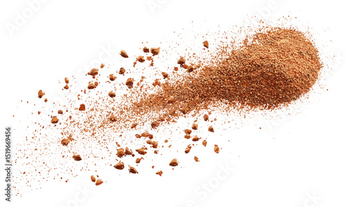 Milled nutmeg powder flying isolated on white background, ground nutmeg powder, vector illustration, spices, culinary ingredient, organic spice powder, aromatic herbs, healthy cooking.