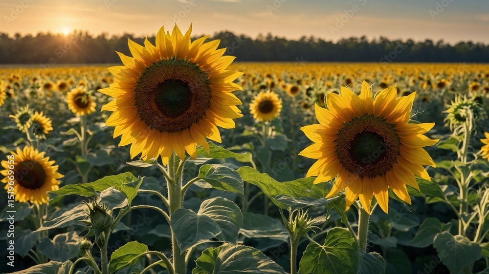 Fototapeta premium Vast field of sunflowers bathes in warm glow of setting sun, with horizon lined by trees under clear sky. Foreground features several prominent sunflowers in full bloom, their large.