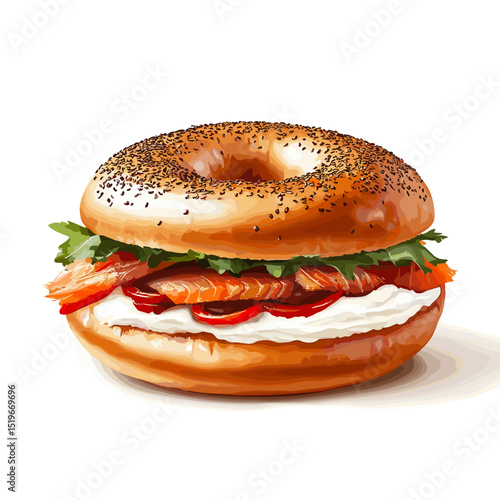 A bagel sandwich with cream cheese and smoked salmon lox vector isolated on a white background