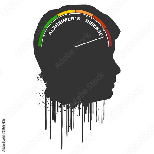 Dementia, memory loss, amnesia concept. Brain damage, cognitive disfunction. Alzheimer's disease. Illustration of a human head profile with abstract device scale. Mental, psychological illness