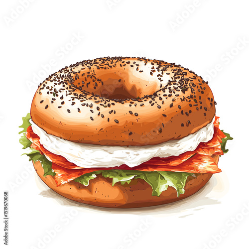A bagel sandwich with cream cheese and smoked salmon lox vector isolated on a white background