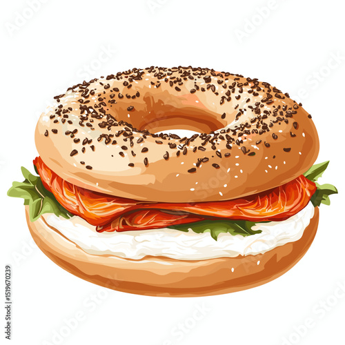 A bagel sandwich with cream cheese and smoked salmon lox vector isolated on a white background