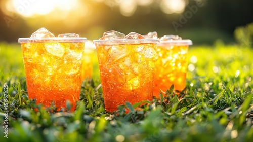 Fototapeta Naklejka Na Ścianę i Meble -  Iced drinks on grassy field at sunset