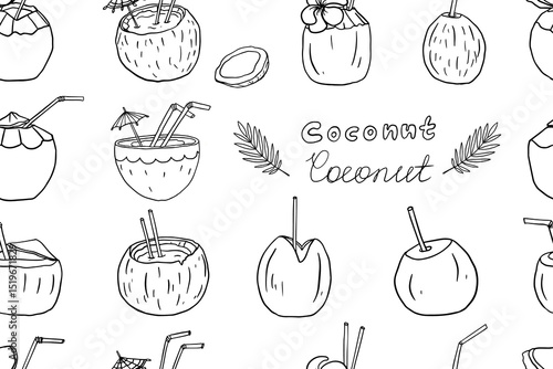 Seamless pattern of the ripe coconut cocktails with straw, umbrella and palm branch in doodle style. Summer cocktail. Vector illustration EPS10. Isolated on white background.