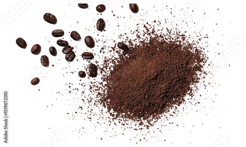 Instant powdered coffee isolated on white, top view, clipping path, vector illustration, coffee beans, hot beverages, instant drink, isolated coffee, food photography, beverage concept.