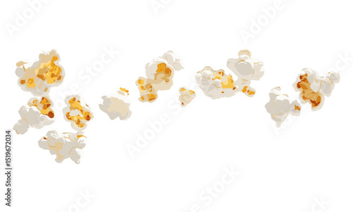 Macro popcorn flying, isolated on white background, clipping path, vector illustration, snack, food, popcorn explosion, fresh popcorn, crispy, popping corn, high-quality image, culinary art.