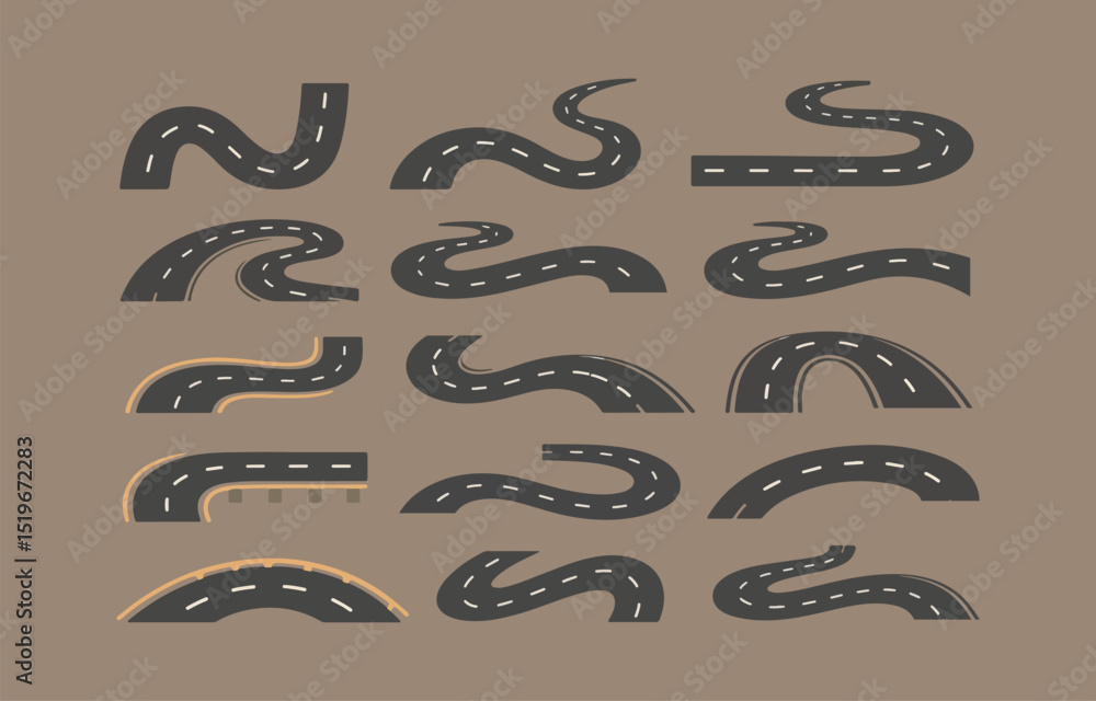Collection of Cartoon Roads and Bridges on a Brown Background Collection of Cartoon Roads and Bridges on a Brown Background