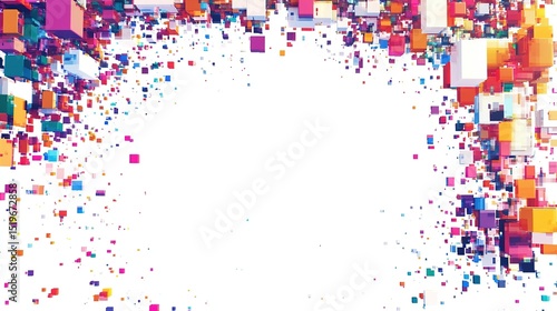 Abstract geometric design with colorful cubes exploding outward on a white background