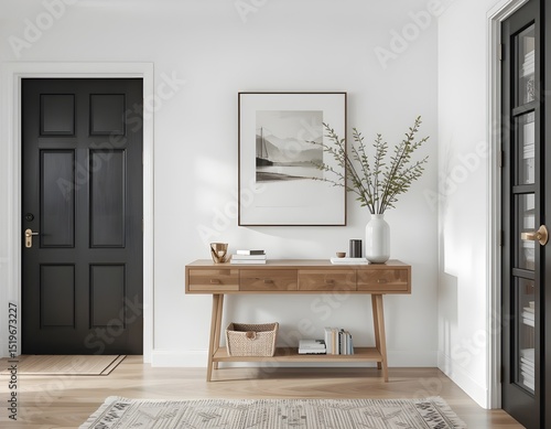 A modern entryway with a minimalist console table, framed picture, and small decorative plants on the table.	

