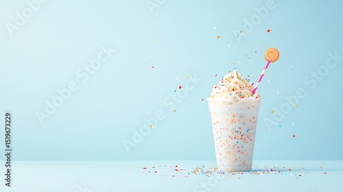Creamy milkshake with sprinkles and whipped cream in a glass. Sweet dessert, refreshing drink, summer treat concept.