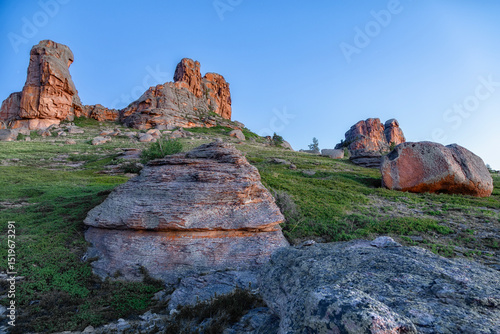 Huge stone standing rocks at dawn in blue hour without shadows with rocks in the foreground. Kazakh expanses, Mount Ku Egendybulak. Summer autumn landscape