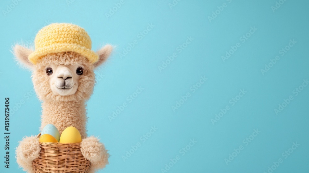 Fototapeta premium Adorable alpaca wearing a yellow hat holding a basket of pastel Easter eggs against a light blue background. Perfect for Easter cards, websites, and social media.
