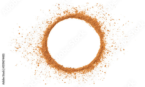 Milled nutmeg frame with powder in shape of circle, isolated on white background, texture, vector illustration, spice powder texture, nutmeg illustration, circle shape powder.