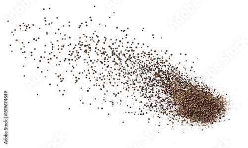 Minced black pepper, ground peppercorn pile flying isolated on white, macro, vector illustration, spice, seasoning, organic food, culinary, cooking ingredients, flavor enhancement, aroma, freshness.