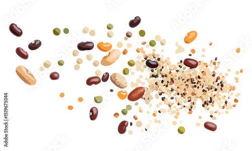 Beans, peas, lentils, barley, spelt mixed with cereals, isolated on white, top view, vector illustration, natural food, organic grains, healthy eating, vegetarian, wholesome ingredients.