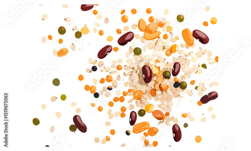 Mix legumes and cereals, beans, peas, lentils, barley, spelt isolated on white, top view, vector illustration, healthy food, nutrition, organic ingredients, plant-based diet, vegan, superfood.
