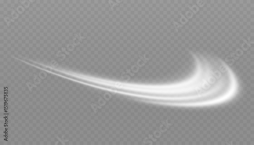 White glowing shiny lines effect. Set of glowing ellipses in speed shape. Imitation of the exit of cold air. Light trail wave, fire path trace line and incandescence curve twirl.
