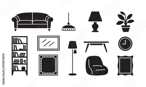 A set of minimalist black silhouette icons representing various interior design elements for a living space.