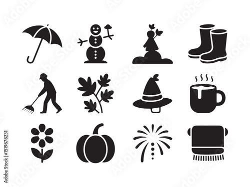 a set of simple, black and white silhouette icons depicting various autumn and winter themes.
