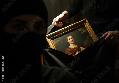 Masked thief carefully removes a framed painting from a dark room, highlighting the act of art theft in a secretive and stealthy manner