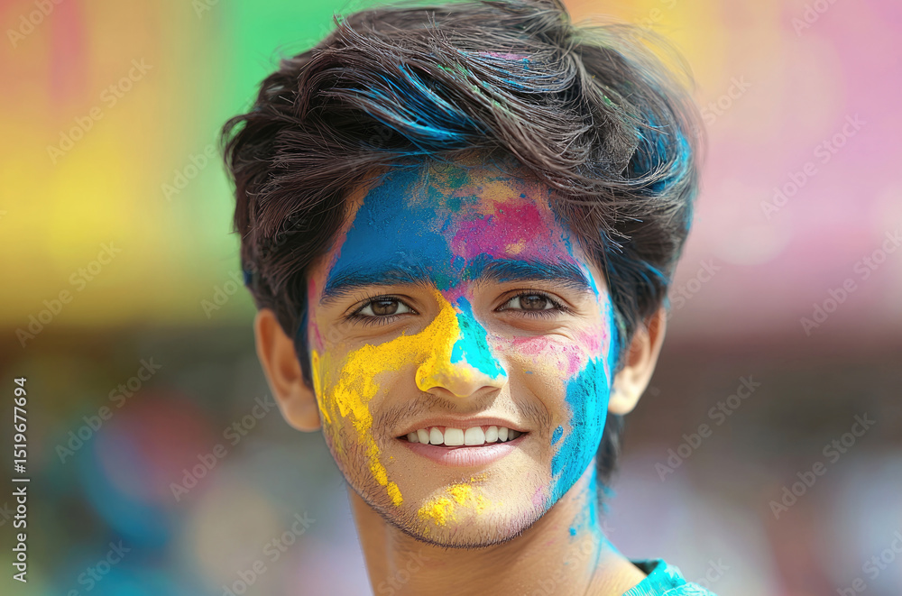 Happy young man with colorful powder on face, smiling outdoors during festival celebration Happy young man with colorful powder on face, smiling outdoors during festival celebration