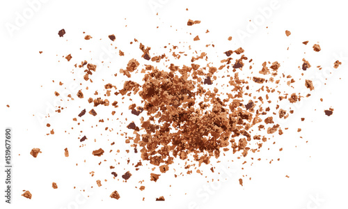 Pile of cake crumbs, chocolate cookie flying isolated on white, vector illustration, pastry, sweet dessert, chocolate crumbs, confectionery, cookies, cake decoration, edible treats.