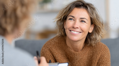 Smiling mature caucasian woman engaging in conversation with another female in cozy setting