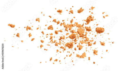 Pile cake crumbs, cookie flying isolated on white, vector illustration, sweet treat, baking ingredients, food design, confectionery art, delicious dessert, cookie crumbs, food composition.