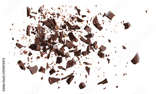 Pile milled chocolate isolated on white, top view, chopped chocolate, vector illustration, sweet treat, dessert concept, chocolate flakes, culinary art, food design.