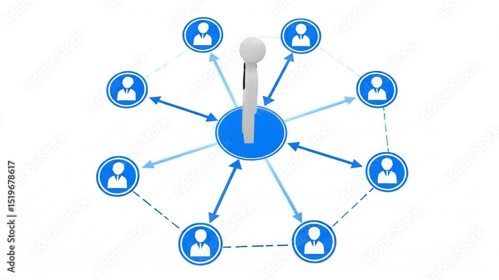 Network of people connected by dotted lines, a central figure, and arrows Network of people connected by dotted lines, a central figure, and arrows