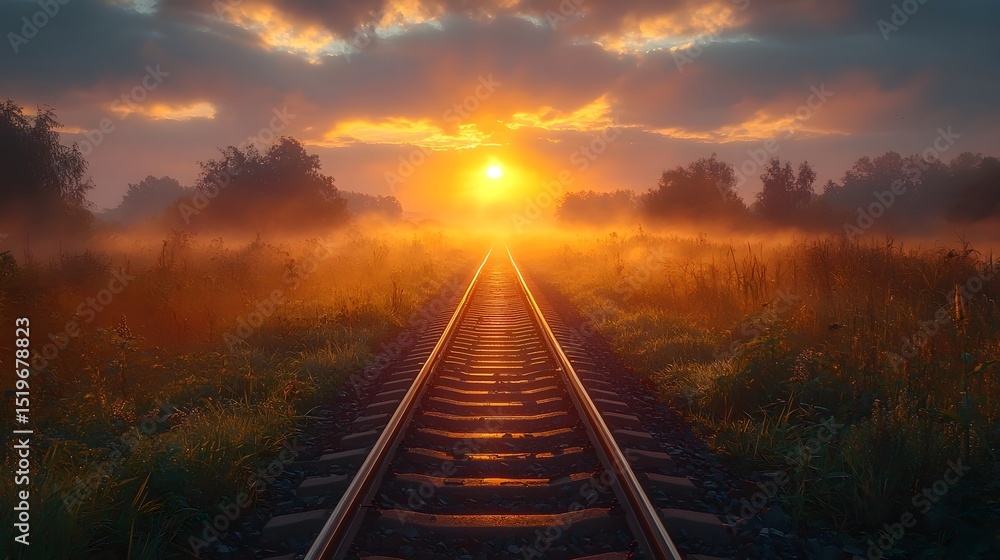 Obraz premium Misty railway track leading into a golden sunrise