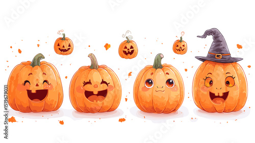 Pumpkin Patch Pals: A cute Halloween vector collection illustrating six cartoon pumpkins in various cute expressions including a grinning jack-o’-lantern