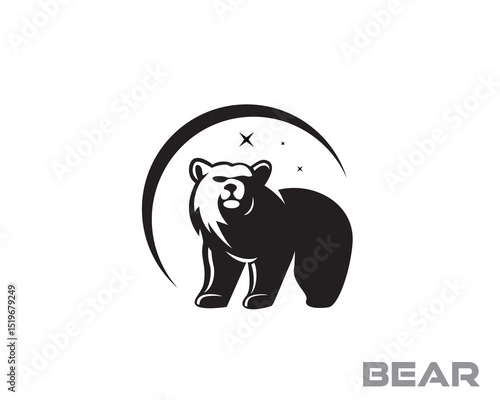 silhouette stand bear at circle moon with star logo design template illustration inspiration