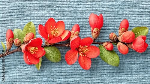 Vivid Red Quince Blossoms on Branch with Green Buds and Textured Blue Wood Background