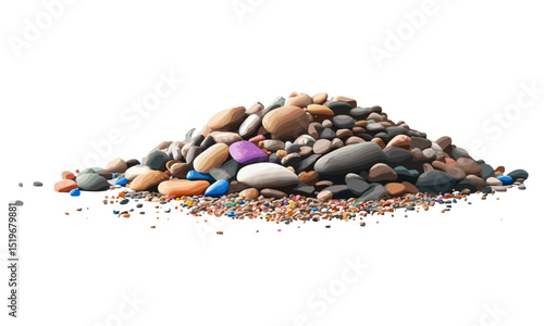 Colorful rounded sea pebbles and sand, isolated rocks, vector illustration, beach stones, coastal elements, nature textures, ocean rocks, stone pile, seaside decoration.