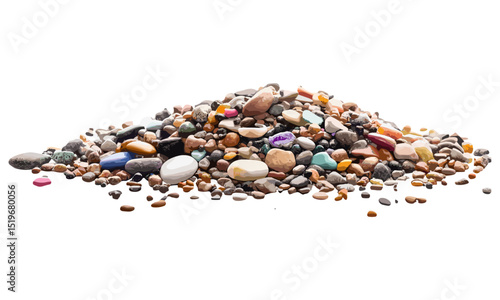 Rounded colorful pebbles pile, isolated rocks on white, sand and stones, beach scene, coastal rocks, seaside decor, vector illustration, natural textures, ocean stones.