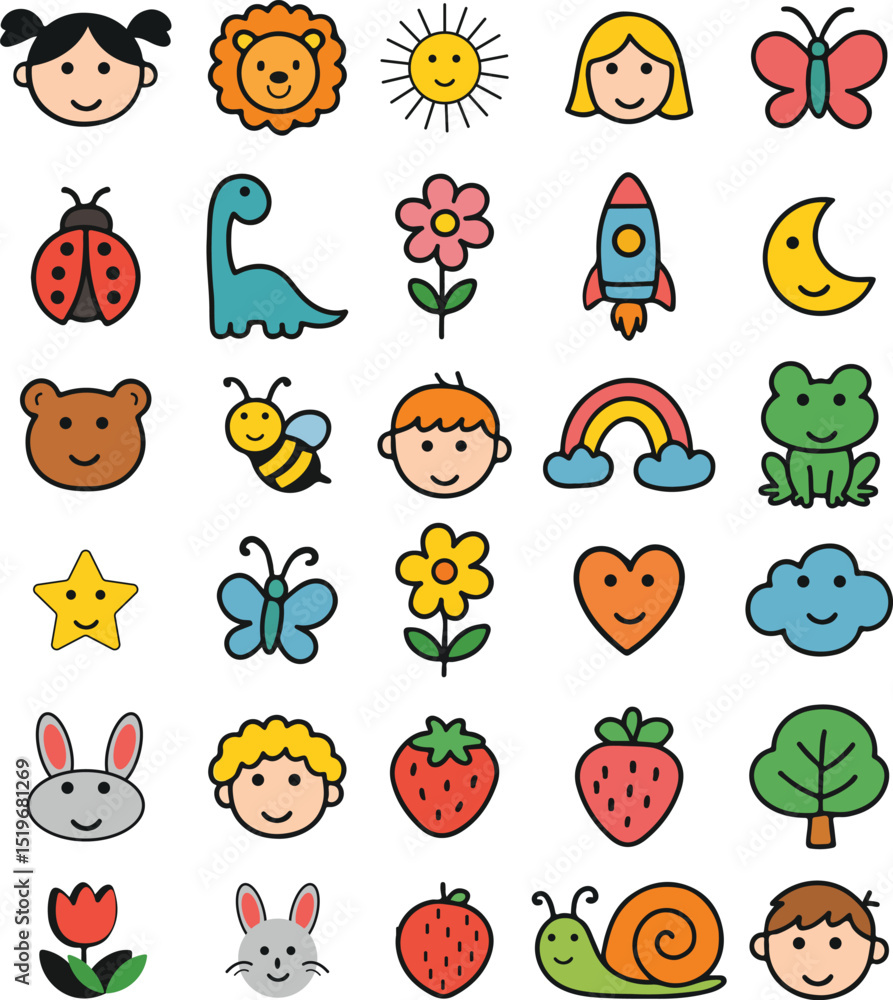 Obraz premium Cute colorful doodle icons for children featuring animals, nature, and fantasy elements on a white background