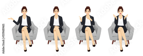Elegant business young woman wearing black suit sitting in armchair with different gestures. Isolated vector illustration set