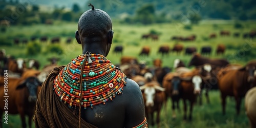 Traditional Maasai Herding, Colorful Belt, Herd