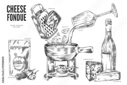 Cheese fondue sketch vector set, engraved hand drawn grated cheese, garlic, wine, starch and nutmeg, fondue bowl heating