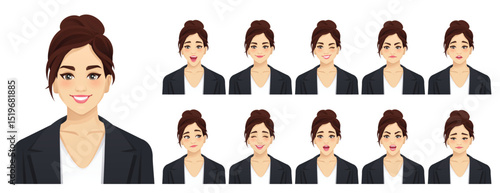 Elegant business young woman. Different facial expressions set. Isolated vector illustration