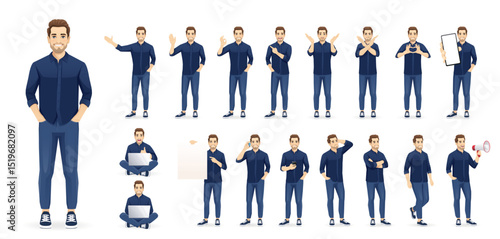 Set of young handsome man poses wearing blue shirt and jeans. Different poses set. Various gestures male character standing and sitting isolated vector illustration