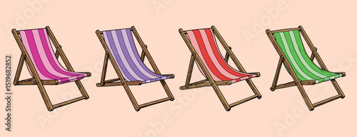 Set of 4 isometric striped wooden deck chairs illustration for beach travel, summer holiday design in vibrant colors