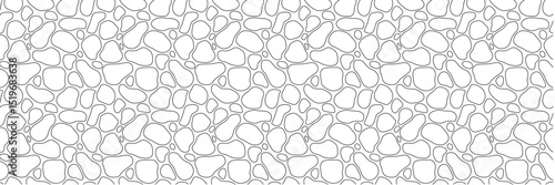 Round stone mosaic pattern. Outline white or transparent pebbles with black outline. Abstract vector seamless background with rounded elements. For interior, garden path template, beauty, spa, textile