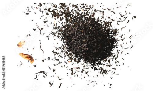 Pile dry black tea isolated on white, top view, vector illustration, loose leaf tea, black tea leaves, organic tea, herbal tea, tea leaves texture, healthy beverage, closeup shot.